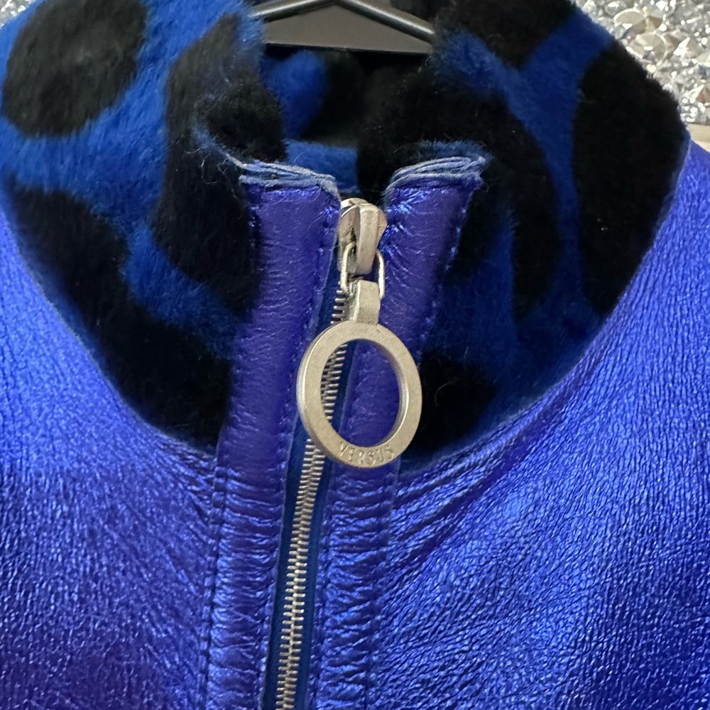 Metallic electric blue animal print real fur shearling leather vest